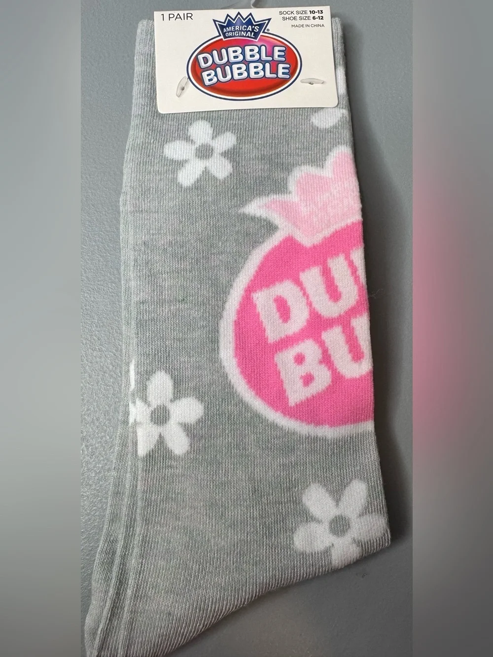 Dubble Bubble America original Gray Crew Socks with Pink Logo & White Flowers